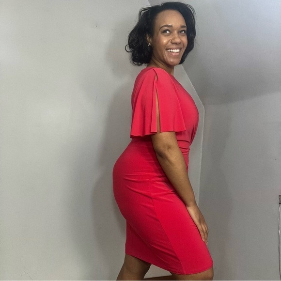 Ralph Lauren coral red bodycon midi dress short sleeve business casual everyday - Picture 4 of 16